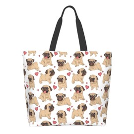 Cute Dog Pugs Heart Large Tote Bag For Women Casual Grocery bag Reusable Shopping Shoulder Bag Waterproof Crossbody Handbag With Inner Pocket For Beach Travel Gym