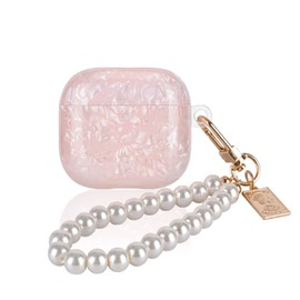 Glitter Case Compatible for AirPods 4 (2024) with Pearl Bracelet Keychain,Sparkle Pretty Cute Shell TPU Shockproof Protective Cover for AirPods 4th Generation for Women-Marble Pink