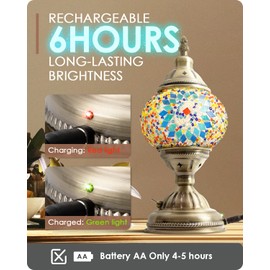 Yarra-Decor Turkish Moroccan Lamp with Bronze Base Handmade Tiffany Mosaic Glass Lamps Portable Bedside Lamps with Rechargeable Battery 2000mAh (LED Bulb Included)(1)