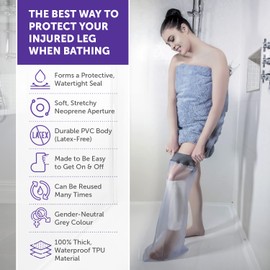 Waterproof Leg Cover for Shower & Bath - Adult - Reusable Waterproof Cast Protector Leg Sleeve Made With a Soft, Stretchy Neoprene Seal & High Grade PVC Body – Small-Medium, 78 cm x 44 cm, Grey