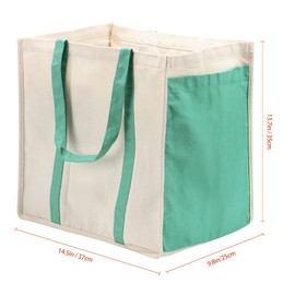 Anleo Reusable Cotton Canvas Grocery Tote Bags with Side Pockets, Large Utility Tote Bag for Shopping, Beach, Picnic (Black+Green)