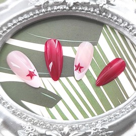 Press on Nails Medium Fake Nails Almond White French Tip Acrylic Nails Press ons Red Full Cover False Nails Stars Glue on Nails Artificial Stick on Nails for Women 24Pcs