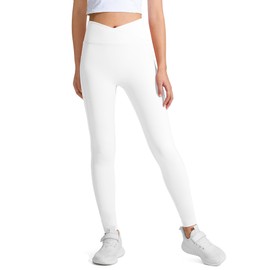 JOCMIC Girls Athletic Leggings Cross High Waist for Kids Yoga Dance Gym Pants with Pocket White 13-14 Years