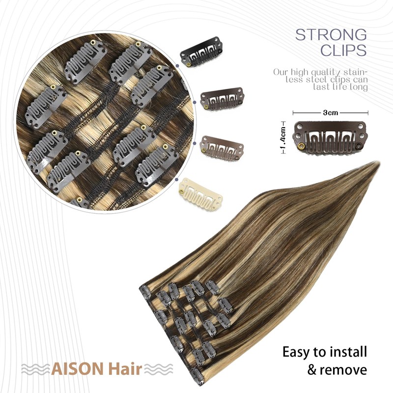 Clip in Hair Extensions Real Human Hair 70G Medium Brown/Dark