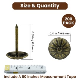 ZIUZI 200Pcs Upholstery Tacks, 7/16" Antique Furniture Nail Heads, Decorative Sofa Nails with Soft Tape Measure for Wood and Upholstered Furniture (Patterned Bronze)