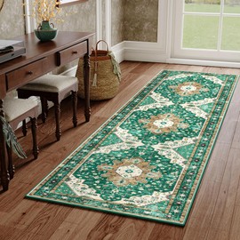 PureCozy Green Runner Rug 2x8 Vintage Distressed Washable Hallways Floral Carpet Indoor Kitchen Non Slip Small Throw Rug Laundry Dining Bedroom Bathroom Non-Skid Western Medallion Accent Rug