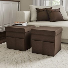 Set of 2 Ottomans with Storage Pockets - 15-Inch Folding Foot Rests or Storage Organizers for Bedroom, Living Room, or Dorm by Lavish Home (Brown)