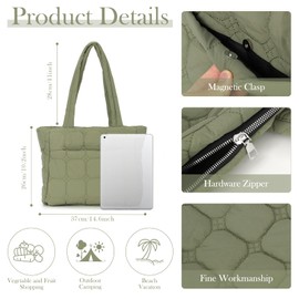 7VSTOHS Puffer Bag for Women, Women's Bag with Zip, Nylon, Padded Quilted Tote Bag, Large Capacity Shoulder Bag for Everyday Work, Office, Travel, Green