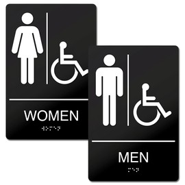Men's + Women's Room Restroom Signs with Braille, ADA Compliant Restroom Signs, Self Adhesive ABS Plastic Restroom Sign for Business 9" x 6"