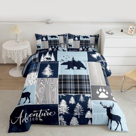 Hunting Bear Deer Quilt,Christmas Buffalo Plaid Comforter Set Twin Size Rustic Cabin Patchwork Duvet Sets For Kids Boys Teens Adult,Farmhouse Cowboy Woodland Bedding Set,1 Pillow Case,Blue Grey