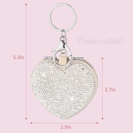 Framendino, 1 Pack Rhinestone Pocket Mirror Heart Shaped Bling Cute Travel Compact Mirror with Keychain for Women Makeup Bag Decor