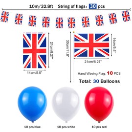 AhfuLife Union Jack Bunting Set, 30 British Banners, 10m Bunting, 10 Union Jack Stick Flags and 30 Red White Blue Balloons for Queen's Platinum Anniversary 2022 Party Decorations VE Day