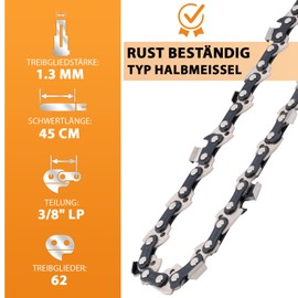 Eyoloty Pack of 4 Saw Chains 45 cm 3/8 Inch LP Pitch 1.3 mm 62 Drive Links Chainsaw Chain Compatible with Bosch, B&Q Performance Power, Dolmar, Gardol, Greenworks, Husqvarna, Mac Allister Chainsaws