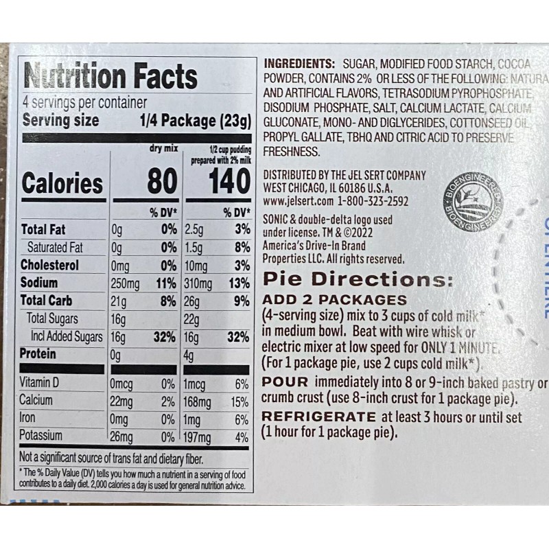 Sonic CHOCOLATE SHAKE Dessert Instant Pudding Mix 3.18 oz Box