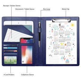 WAVEYU Padfolio Clipboard Folder Portfolio, Faux Leather Storage Clipboard with Cover for Letter Size A4 Writing Pad Pen Holderfor Business School Office Conference Notepad Clip Boards, Blue