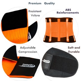 InnoTi Back Support for Men and Women, Back Support Belt for Stabilising the Lumbar Vertebrae during Sports and Work, Compression with Double Adjustment Bands (Orange, L)