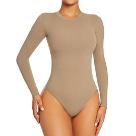 Yaavii Body Women's Short Sleeve Long Sleeve Shaping Bodysuit with Crew Neck for Women Shapewear Thong, #01 Camel Long Sleeve