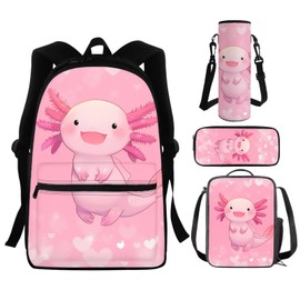 Dreaweet Axolotl Backpacks for School Girls 3rd Grade with Lunch Box Water Bottle Sleeve Pencil Case 4 In 1 Elementary School Bag Set Kids Bookbag Lunch Bag Combo for Travel Camping