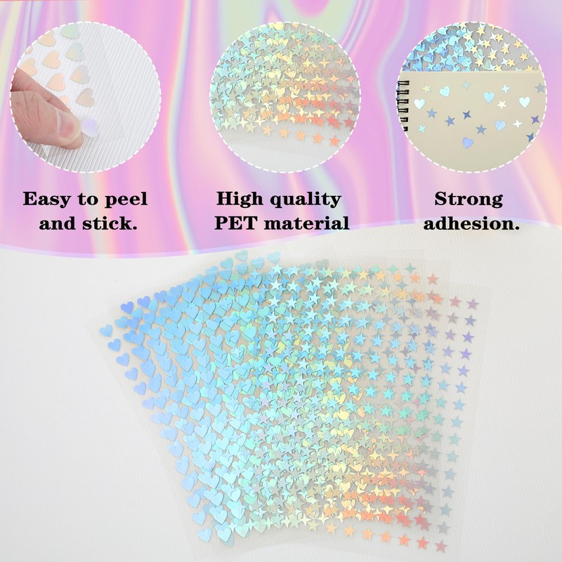 1800PCS Holographic Stickers, 12 Sheets Small Star Stickers, Self-Adhesive Tiny