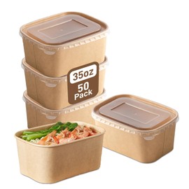 Paper Food Containers with Lids [50 pack] 35 oz Kraft Paper Meal Prep Containers with Lids, Microwavable and Freezer Storage Use Cardboard Food Containers, Disposable Take Out Containers