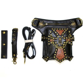 FiveloveTwo Steampunk Vintage PU Leather Waist Pack Hiking Fanny Pack Small Purse Multi-Purpose Tactical Drop Leg Arm Shoulder Bag with Hip Belt Black