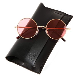 What Say Circle Gold Frame Color Lens Sunglasses 14 Colors Trend UV400 Men Women Soft & Hard Case Included (Light Pink/Gold)