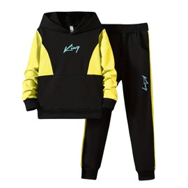 OXUBOAO Boys Casual Tracksuit Outfit Kids Color Blocking Hooded Sweatshirt + Sweatpants Set Long Sleeve Pullover (Yellow, 5-6T)