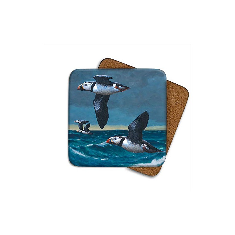 Puffins Flying Drinks Coasters by Wildlife Artist Julian Friers -