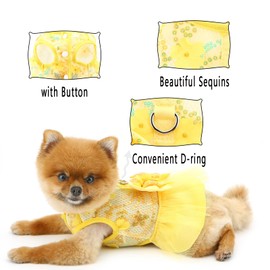 PAIDEFUL Dog Dress,Luxury Bow Princess Tutu Dresses for Girl Dogs Cute Fashion Mesh Pet Skirt with Sequins Flower Cat Puppy Clothes Wedding Party Outfits Chihuahua Apparel Button up D-ring,Yellow,M