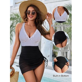 Blooming Jelly Women One Piece Swim Dress Tummy Control Swimsuits Slimming Modest Mesh Sheer Bathing Suit V Neck Swimdress Swim Suits 2025 (M, Black Stripes)