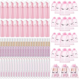 Zhehao 80 Piezas Set de Cepillos de Botellas de Champú de Pestañas 20 Dispensadores de Bomba de Espuma 20 Bolsas 20 Tubos 20 Cepillos, Kit de Limpieza de Extensiones de Pestañas (Rosa)