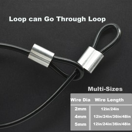 Floyutin 10 Pcs 2mm Wire 24 inch Vinyl Coated Stainless Steel Cable with Loops Short Wire Rope Lanyard Lock Security Chain Link for Outdoor Gates, Black (2mm x 24inch)