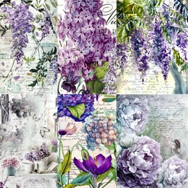 Lilac Theme Mulberry Rice Paper, 20.5 x 26.5cm - 6 x Different Printed Mulberry Paper Images 30gsm Visible Fibres for Decoupage Crafts Mixed Media Collage Art