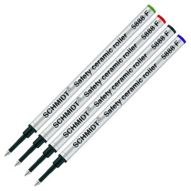 Schmidt 5888 Safety Ceramic Rollerball Metal Refill - Black, Blue, Green, Red Ink (Fine Tip 0.6mm) - Pack of 4