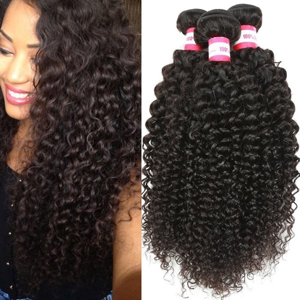 B&P Hair Brazilian Hair 3 Bundles Curly Hair Extensions Unprocessed Brazilian Virgin Human Hair Weave Bundles Natural Black Color (20 22 24inches)