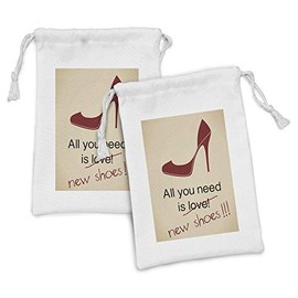 Ambesonne High Heels Fabric Pouch Set of 2, All You Need is New Shoes Lettering with Stiletto Funny Words, Small Drawstring Bag for Toiletries Masks and Favors, 9" x 6", Beige Burgundy and Black
