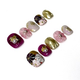Nail Tips, Press on Nail, Set of 10, Handmade Nail Tips, Japanese Style Enamel Flower Purple