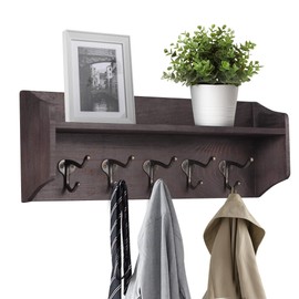 LAVIEVERT Coat Hooks with Storage Shelf Wall-Mounted, Rustic Wood Hanging Coat Rack with 5 Vintage Metal Hooks for Entryway, Living Room, Kitchen, Bathroom - Brown