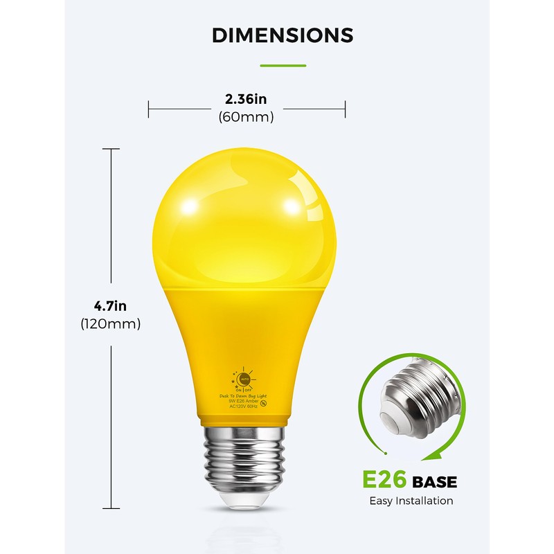 LOHAS Dusk to Dawn Bug Light Bulb Outdoor, A19 Yellow