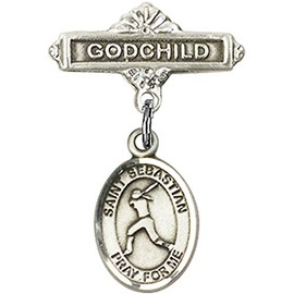 Sterling Silver Baby Badge with St. Sebastian/Softball Charm and Godchild Badge Pin 1 X 5/8 inches