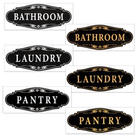 6Pcs Bathroom/Laundry Room/Pantry Door Signs Sticker Self-Adhesive Weatherproof and Fade-Resistant Vinyl Bathroom Door Quote Decal Decor for Home House Business Office Apartment Supplies（9" x 3.5"）