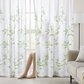 HOMEIDEAS Non-See-Through Sage Green and White Privacy Sheer Curtains 52 X 96 Inches Long 2 Panels, Leaf Floral Printed Light Filtering Semi Sheer Window Curtains Drapes for Bedroom Living Room