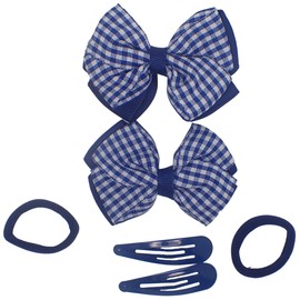 Topkids Accessories 6pcs set Hair Clips, Hair Bows, Hair Bobbles, Hair ties, Gingham school uniform Hair Accessories for Girls, Hair Grips, Kids Hair Accessories, Gingham pattern (Navy Blue)