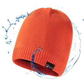 TOP-EX Waterproof Merino Wool Knitted Beanie Hat for Men Women Fleece Lined, Warm Winter Hat for Golf, Running UK Cold Weather Orange M
