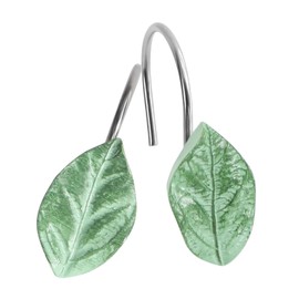 12PCS Leaves Spring Shower Curtain Hooks, Green Shower Hooks for Shower Curtain, Rust Proof Shower Curtain Rings Realistic Leaf Curtain Hooks for Bathroom Bedroom Living Room Decor