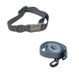 BravoWalk Basic Dog Collar and Leash Bundle Made Out of Durable Nylon with Reflective Stitching, and Metal D Ring. (Gray)