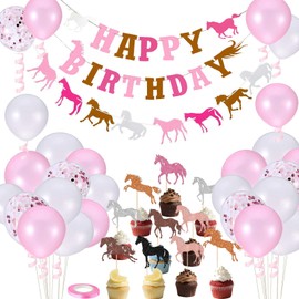 Horse Party Decorations Kit 43 Pieces Girls Pony Party Decor Horse Theme Birthday Banners, Horse Cupcake Toppers, Racing Horse Garland Pink Balloons for Horse Party Supplies