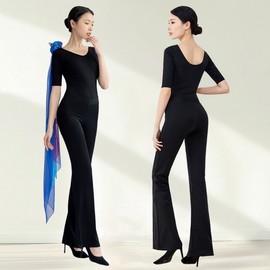 New Ballet Dance Training Bodysuit Set with Scarf Training No Snaps Bell Bottoms + Scarf + XL 2ea
