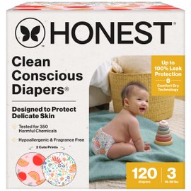 The Honest Company Clean Conscious Diapers for Sensitive Skin Up to 100% Leakproof Hypoallergenic Fragrance-Free Baby Girl Prints Super Club Box Size 3 (16–28 lbs) 120 Count