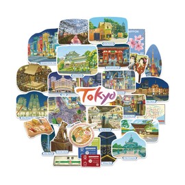 Navy Peony Metropolitane Tokyo Travel Stickers (Pack of 28) - Hand Illustrated Japan Night Themed Holiday Stickers for Diaries, Scrapbooks and Luggage
